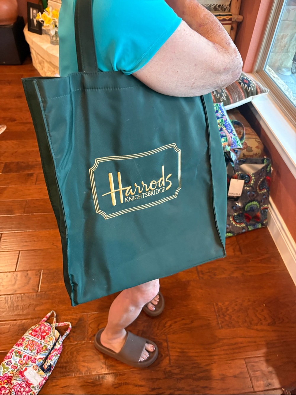 Harrods Emerald Green Shopper Tote with Gold Logo
